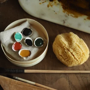 Palette médiévale de peinture artisanale (6 couleurs) -boîte en bois ronde-